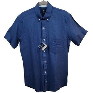 NWT Tailorbyrd Men's Linen Blend Button Down Shirt Short‎ Sleeve Casual Blue S